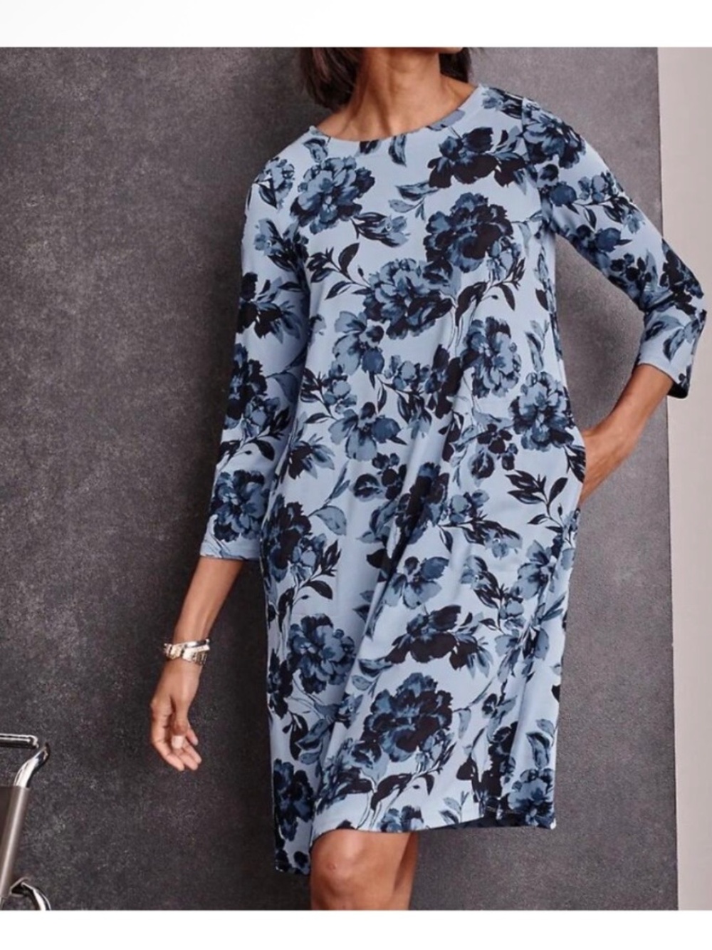 J. Jill Wearever Floral Shift Dress Blue Pockets Jersey Knit Cottagecore  Medium